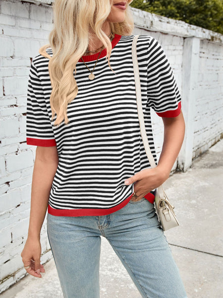 Striped Contrast Round Neck Half Sleeve Knit Top