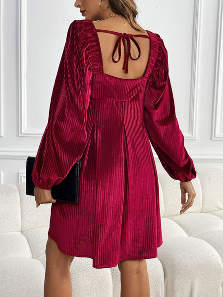 Tied Pocketed Square Neck Long Sleeve Dress