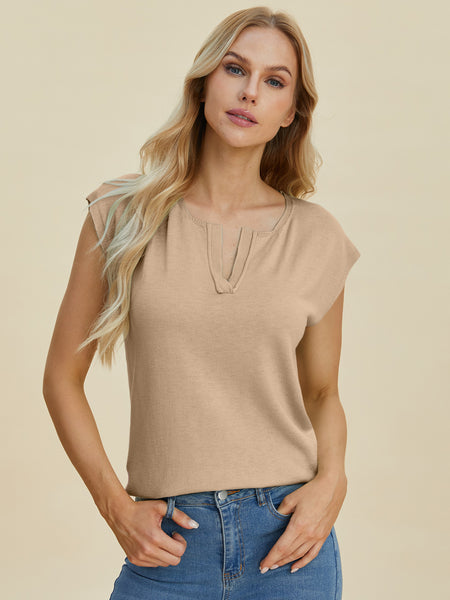 Notched Cap Sleeve Knit Top