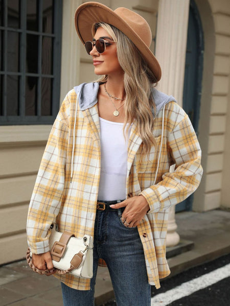 Drawstring Plaid Button Up Hooded Jacket