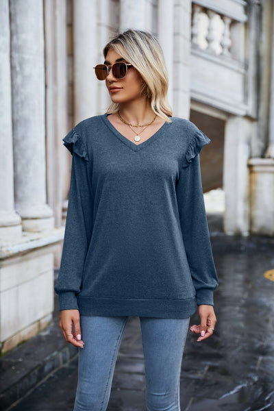 Mandy Ruffled Heathered V-Neck Long Sleeve T-Shirt