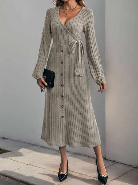 Ribbed Tied Surplice Long Sleeve Dress