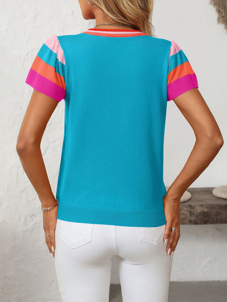 Contrast Round Neck Short Sleeve Knit Top