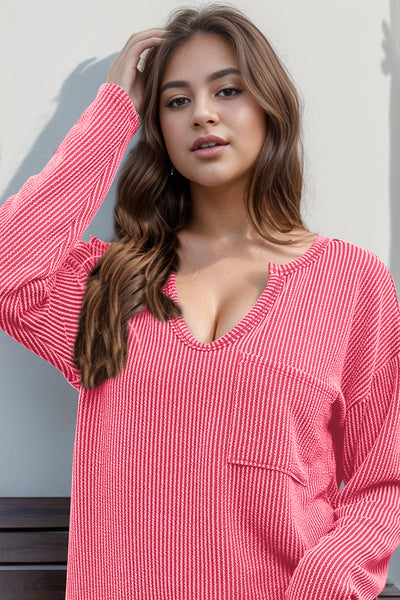 Striped Notched Long Sleeve T-Shirt