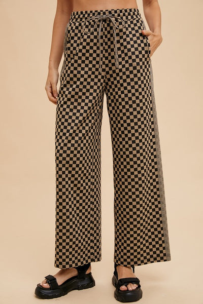 Drawstring Checkered Wide Leg Pants