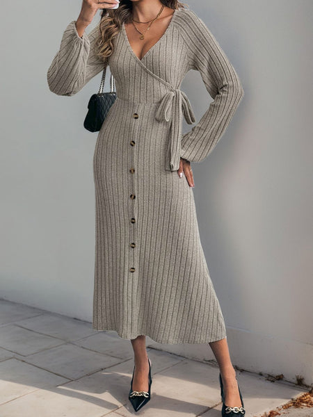 Ribbed Tied Surplice Long Sleeve Dress