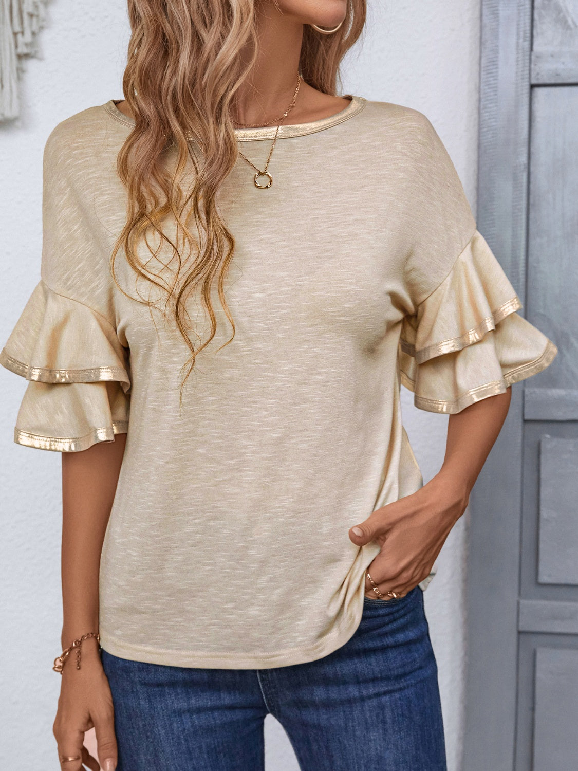 Round Neck Flounce Sleeve T-Shirt