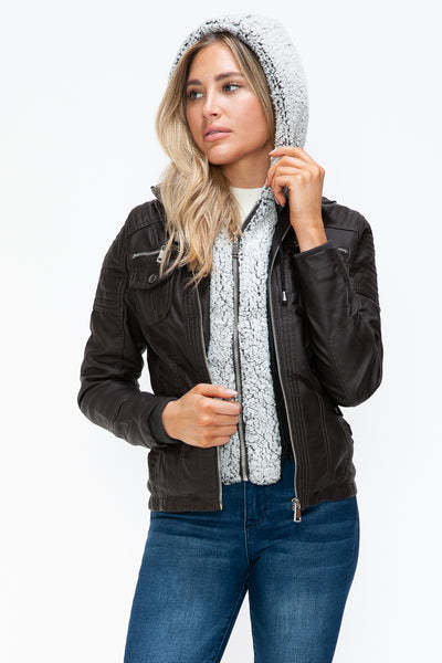 Removable Faux Layered Multi-Pocket Jacket with Fuzzy Hood