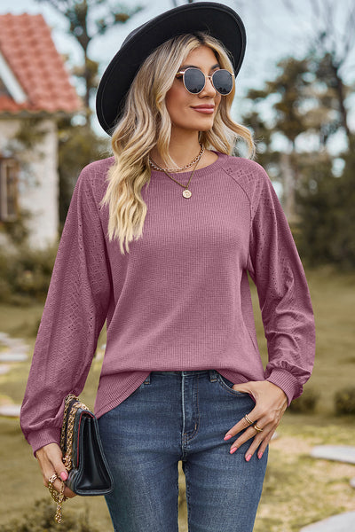 Eyelet Round Neck Long Sleeve T-Shirt