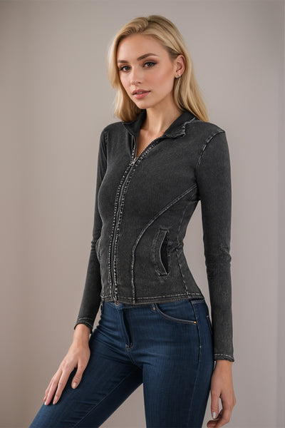 Pocketed Turtleneck Zip Up Denim Top