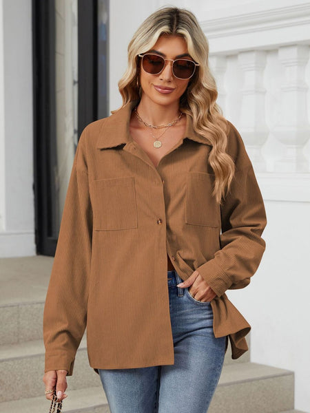 Button Up Dropped Shoulder Long Sleeve Outerwear