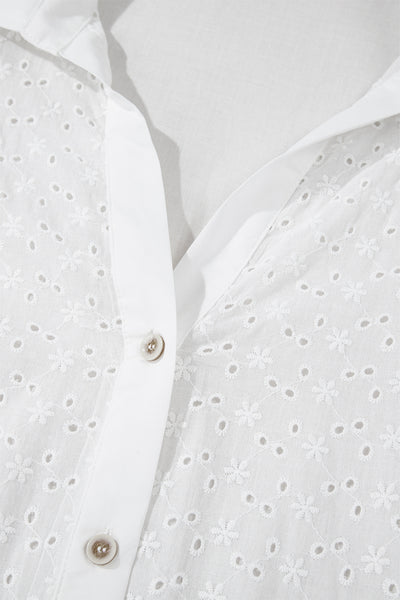 Embroidered Eyelet Collared Neck Long Sleeve Shirt