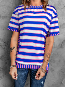 Full Size Contrast Stitching Striped Round Neck T-Shirt