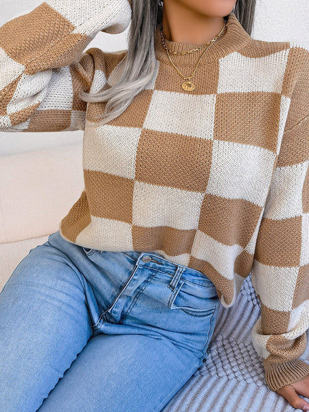 Checkered Mock Neck Long Sleeve Sweater