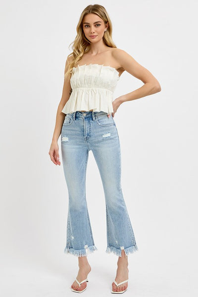 Full Size Raw Hem Distressed Cropped Flare Jeans Plus Size