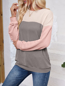 Color Block Round Neck Long Sleeve Sweatshirt