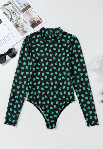 Lucky Clover Mock Neck Long Sleeve Bodysuit