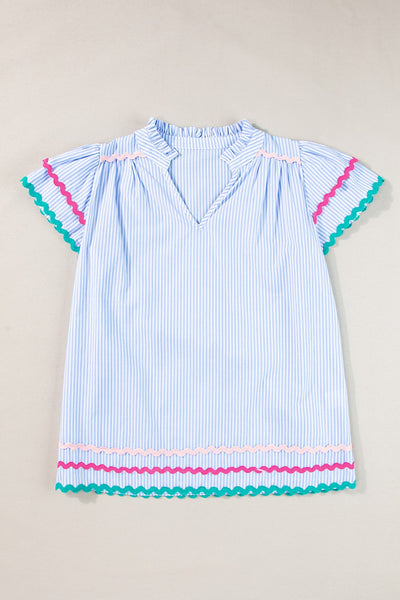 Striped Notched Short Sleeve Blouse