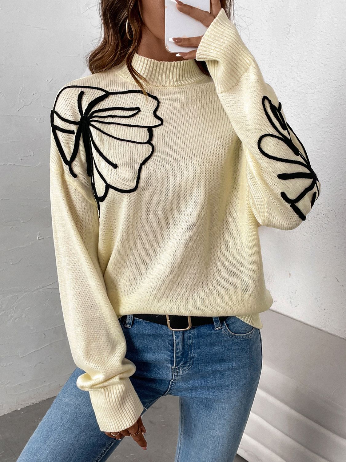 Mock Neck Dropped Shoulder Long Sleeve Sweater