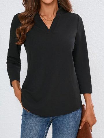 Notched Three-Quarter Sleeve Top