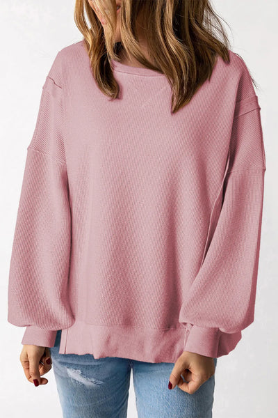 Slit Waffle-Knit Round Neck Long Sleeve