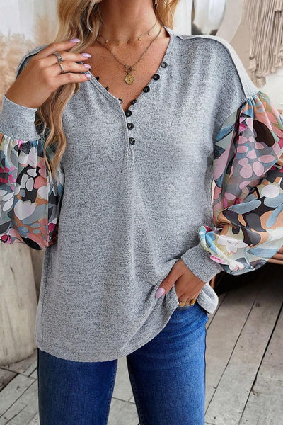 Printed Lantern Sleeve Buttoned V Neck Top