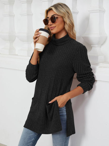 Slit Mock Neck Long Sleeve T-Shirt