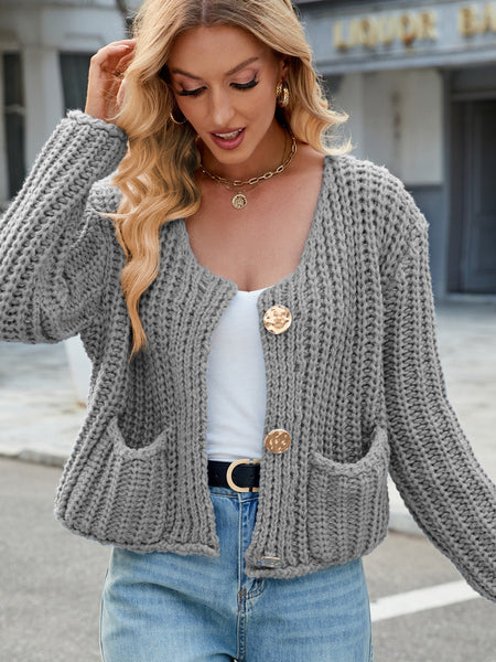 Round Neck Button Up Cardigan with Pockets