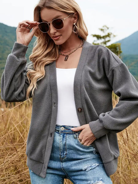 Button Down V-Neck Dropped Shoulder Jacket