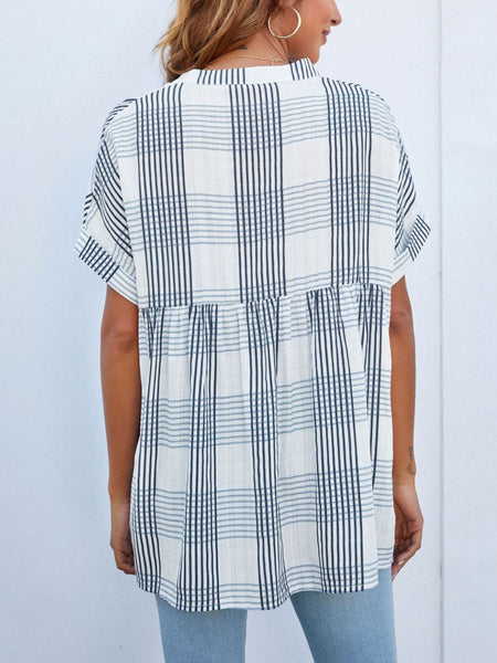 Side Slit Notched Short Sleeve Blouse