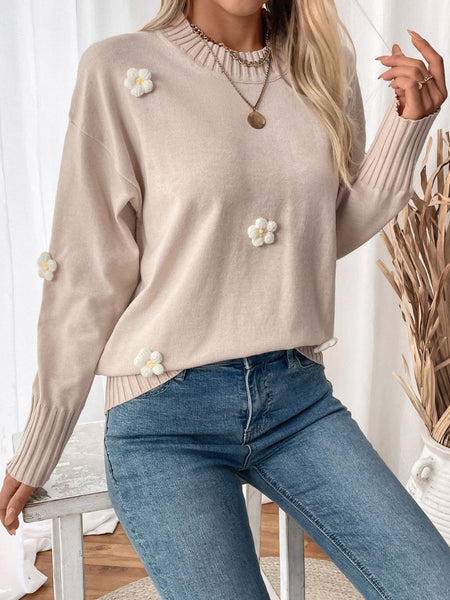 Flower Round Neck Long Sleeve Sweater