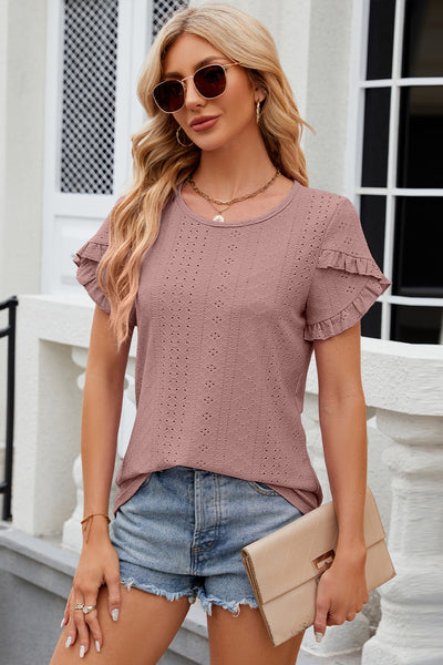 Eyelet Round Neck Petal Sleeve T-Shirt