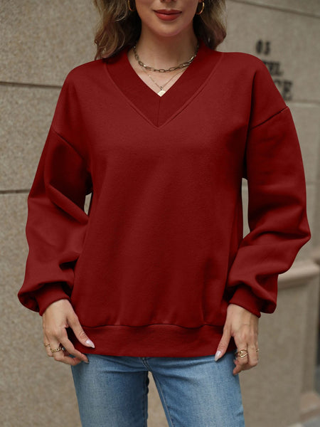 V-Neck Long Sleeve Dropped Shoulder Sweatshirt