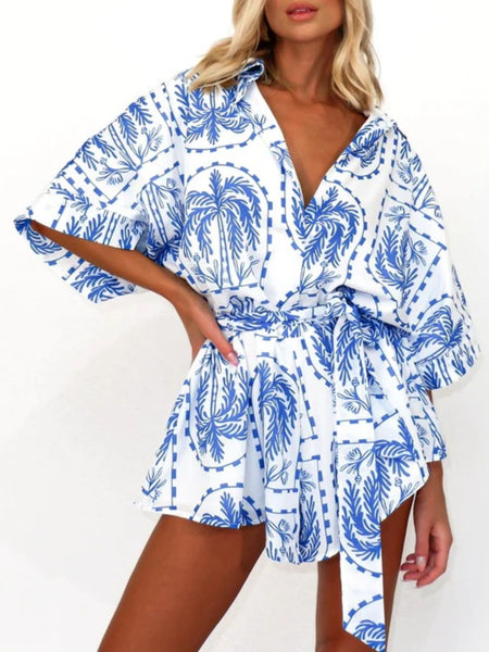 Printed Tie Waist Half Sleeve Romper