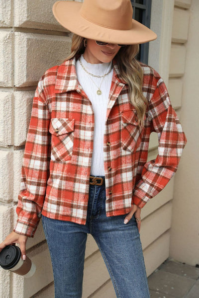 Pocketed Plaid Collared Neck Dropped Shoulder Jacket