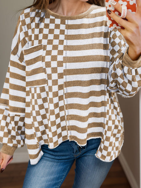 Checker & Stripes Round Neck Long Sleeve Blouse