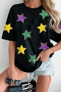 Sequin Stars Patched Round Neck T-Shirt