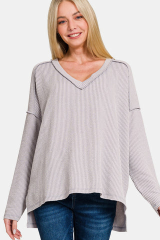 Texture Exposed Seam V-Neck Long Sleeve T-Shirt