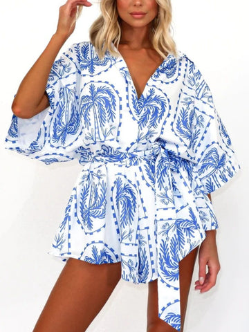 Printed Tie Waist Half Sleeve Romper