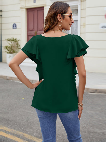 Ruffled V-Neck Short Sleeve Top