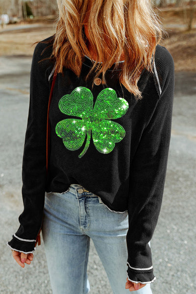 Sequin Lucky Clover Lettuce Trim Long Sleeve Top