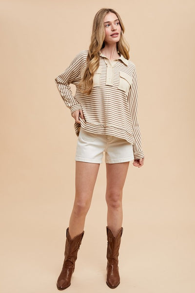 Striped Button Detail Long Sleeve Polo Top