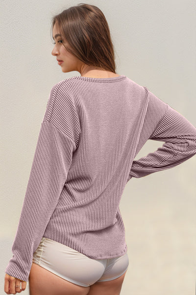 Striped Notched Long Sleeve T-Shirt