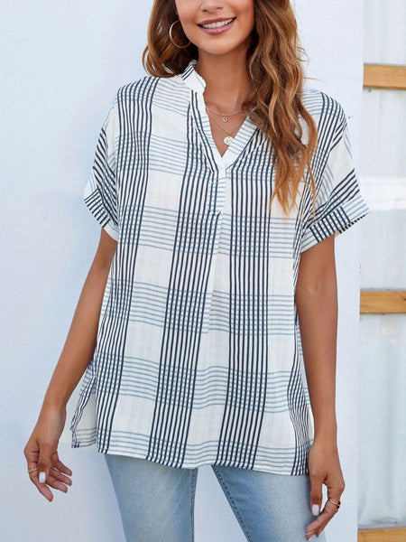 Side Slit Notched Short Sleeve Blouse