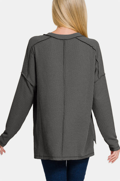 Texture Exposed Seam V-Neck Long Sleeve T-Shirt