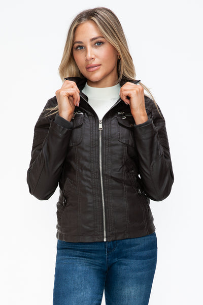 Removable Faux Layered Multi-Pocket Jacket with Fuzzy Hood