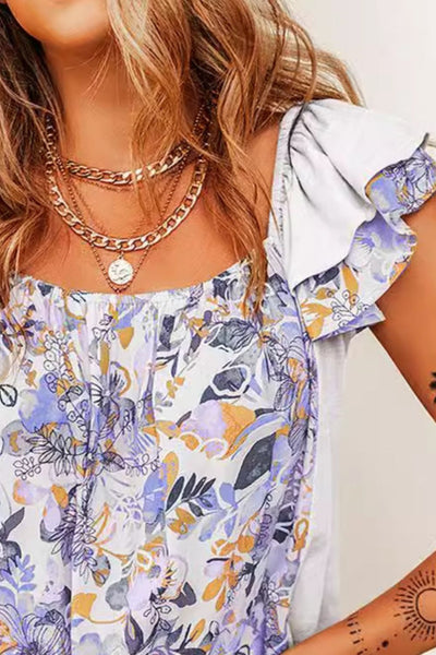 Ruffled Floral Square Neck Cap Sleeve Blouse