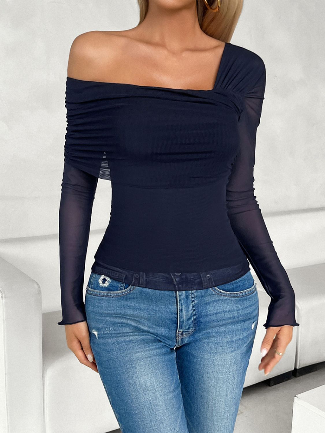 Ruched Asymmetrical Long Sleeve T-Shirt