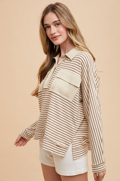 Striped Button Detail Long Sleeve Polo Top