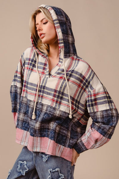 Drawstring Plaid Drop Shoulder Hoodie